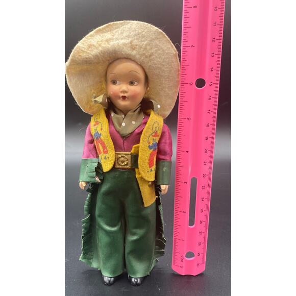 1960s Vtg Cowboy Doll Bisque Head Plastic Celluloid Moveable Arms Leather Chaps - Picture 4 of 5
